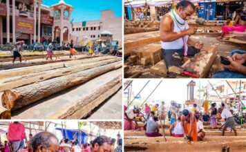 ରଥଖଳା:ରଥ ନିର୍ମାଣ କାର୍ଯ୍ୟ ୩୧ ତମ ଦିବସ: ତିନି ରଥର ଗୋଟିଏ ଗୋଟିଏ ଦଣ୍ଡା କାଠ ଚଉପଟ ପରେ ମଝିରେ ଗଣ୍ଠି ରହିଥିବା ପରିଲକ୍ଷିତ, ନନ୍ଦିଘୋଷ ରଥ ଏବଂ ଦର୍ପଦଳନ ରଥର ଗୋଟିଏ ଗୋଟିଏ ଦଣ୍ଡା ପୁନଃ ନିର୍ମାଣ କରାଯାଇଛି