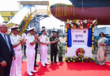 Yard 18003 (Krishna), the first of the three Cadet Training Ships (CTS) under construction at M/s Land T, Kattupalli (Chennai), launched