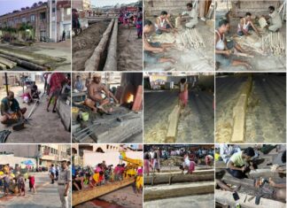 Rathakhala: Chariot making work day 28-servants of the three chariots have carved the image of Nrusingha on the sal guj and tikh guj of the three chariots, At the Dola Bedi, the Maharanas have continued to make wooden equipment for the service of the Unsar and the Rath Yatra
