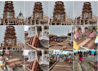 Rathakhala: Chariot making work Day 60-construction of a large three-carriage chariot has been completed, the work of installing Parusha planks on all four sides of the chariot altar, except for the four corners of the three chariots, is in progress