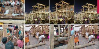 Rathakhala: Chariot construction work Day 50-under the supervision of the Chief Maharana, with the help of the Assistant Maharana and Bhoi Sevak, the construction of the middle ground or second ground frame of the three chariots has been completed