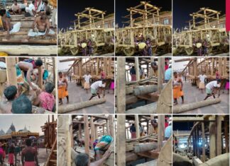 Rathakhala: Chariot construction work Day 50-under the supervision of the Chief Maharana, with the help of the Assistant Maharana and Bhoi Sevak, the construction of the middle ground or second ground frame of the three chariots has been completed
