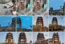 Rathakhala: Chariot making work Day 52-While two dhamakas are played in front and behind the Taladhwaja Rath and NandiGhosh Rath, three dhamakas are played for the Dharpadalana Rath, and planks are attached to these dhamakas and the altar throne is constructed three times