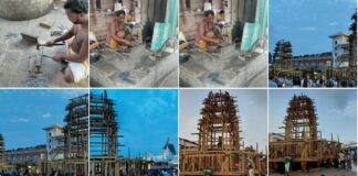 Rathakhala: Chariot making work Day 52-While two dhamakas are played in front and behind the Taladhwaja Rath and NandiGhosh Rath, three dhamakas are played for the Dharpadalana Rath, and planks are attached to these dhamakas and the altar throne is constructed three times