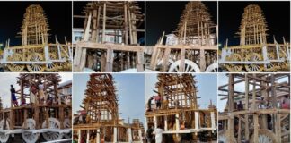 Rathakhala: Chariot construction work day 57-At the temporary blacksmith shop in Dolavedi, Ojha Sevaks have completed the construction of three chariots’ foot pegs, potal bagia kantar, and are currently constructing three chariots’ foot pegs and chandelier clamp kantar