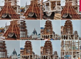 Rathakhala: Chariot making work Day 61-After the thirteen pillars of the three chariots are erected, and the four doors of the three chariots are erected, the work of tying planks on the four corners of the three chariots that are empty will be completed