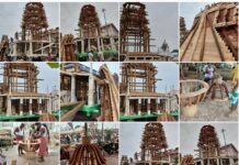 Rathakhala: Chariot making work Day 62-At the temporary blacksmith shop in Dolavedi, the Ojha Sevaks have completed the construction of the three-wheeled cart for dust collection and the three-wheeled cart for the reverse carriage