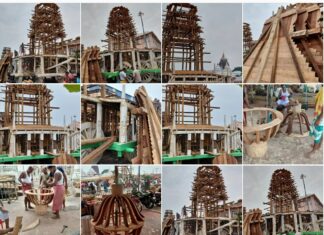 Rathakhala: Chariot making work Day 62-At the temporary blacksmith shop in Dolavedi, the Ojha Sevaks have completed the construction of the three-wheeled cart for dust collection and the three-wheeled cart for the reverse carriage
