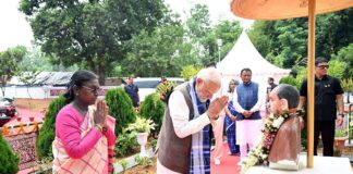 PM Modi pays respects at Santhali Jahera and Ho Jahera in Pahadpur village with President Droupadi Murmu, offers prayers at Gosani Peeth in Pahadpur village with President , pays floral tributes at Samadhi Sthal of members of President Droupadi Murmu’s family in Pahadpur