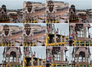 Rathakhala: Chariot making work day-74-under the supervision of the Chief Maharana, with the cooperation of the associate Maharana and the Bhoi Sevaks, the iron fitting work on the new brake pulleys of the three chariots completed, four corners of the three chariot altar are decorated with Parusha boards in the final stage