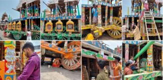 Rathakhala: Chariot making work Day 82-under the supervision of the Maharana’s three-time chief, Maharana Sevak and Bhoi Sardar Ravi Bhoi, with the cooperation of Bhoi Sevak, the work of installing the three chariots with the Kalash, Olat Shua and Amla on the chariot’s head and installing the thorn has been completed