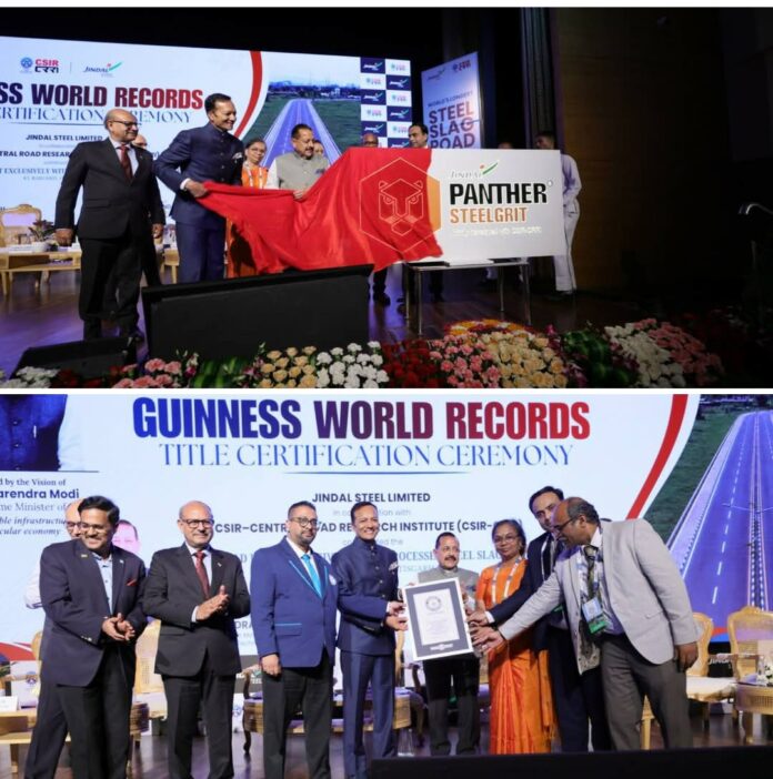 Jindal Steel Limited, in collaboration with CSIR–Central Road Research Institute (CSIR-CRRI), has achieved a Guinness World Records title for constructing the Longest Road Built Exclusively with Processed Steel Slag Aggregates at Raigarh, Chhattisgarh.