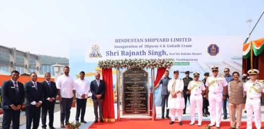 FSS-1, the first of the Fleet Support Ships, under construction at Hindustan Shipyard Limited, Visakhapatnam, was launched